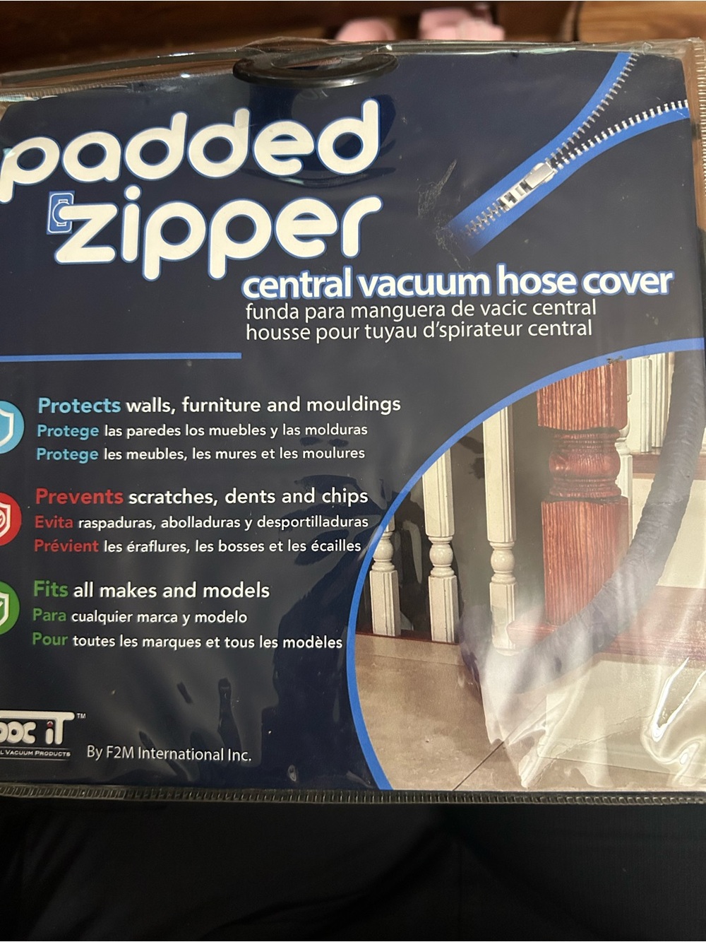 Padded Zipper Central Vacuum Hose Cover - Navy Blue new 30 feet long .